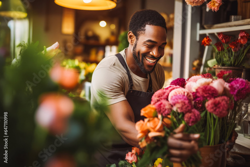 Happy african man florist arranging flowers into bouquet in flower shop. © VisualProduction