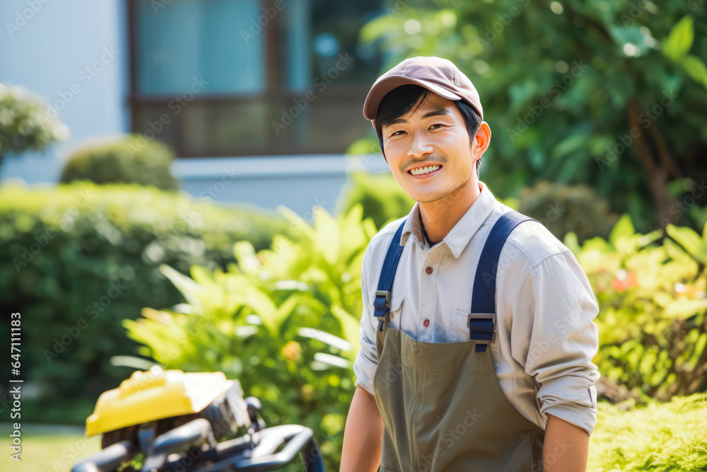 Young asian male landscaper doing his job. Young man gardener working in greenhouse. Young asian male landscaper doing his job. Young man gardener working in greenhouse.