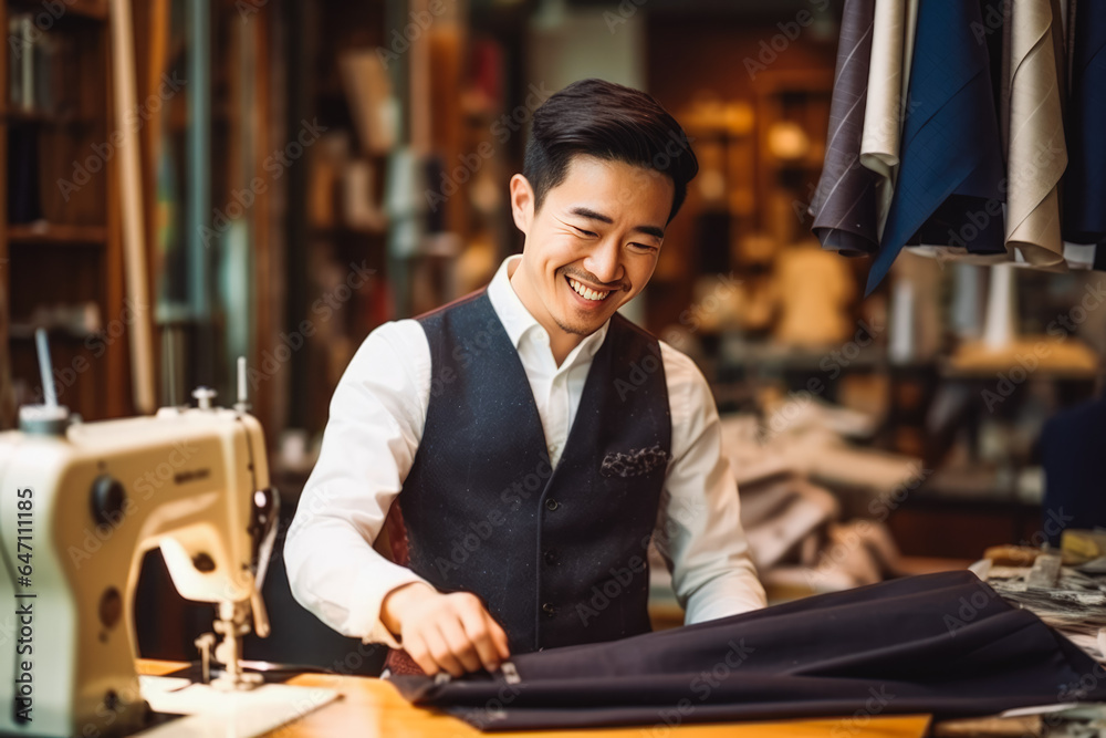 Young asian male tailor working in his store. Smiling man seamstress.