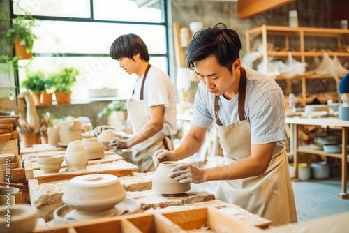 Young asian male ceramists working in their store or workshop.