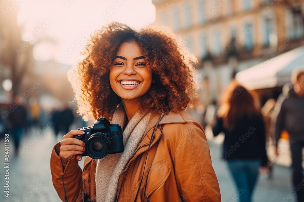 Young black female photographer doing her job. Smiling woman photographer.