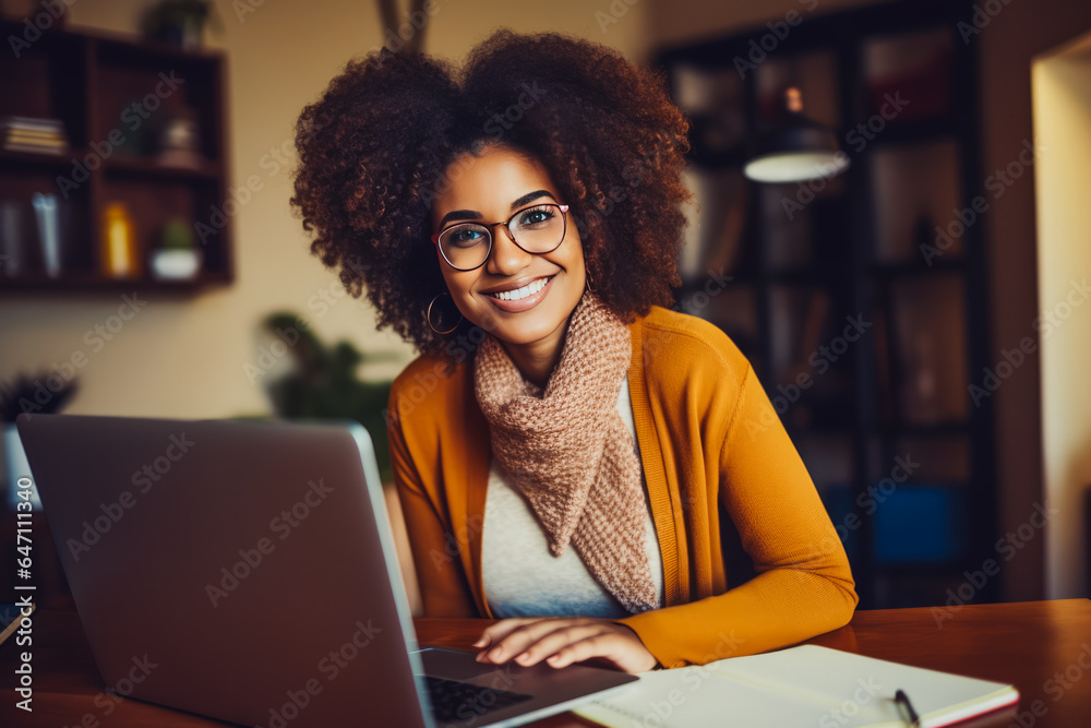 Young black female writer working at home desk on computer.