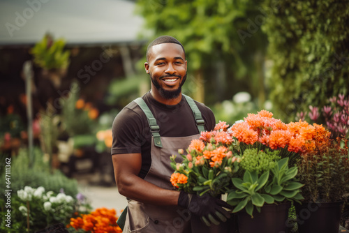 Young black male landscaper doing his job. Young man gardener working in greenhouse. © VisualProduction