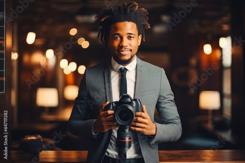 Young black male photographer doing his job. Smiling man photographer.