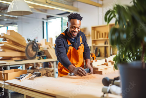 Young black male wood worker working in his store.