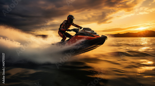 Jetskier with his Jet ski Surfing the waves. Leisure and Watersports photos. Ai generative. © Unique Creations