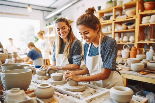 Young multiethnic female ceramists working in their store or workshop.