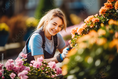 Young caucasian female landscaper doing her job. Young woman gardener working in greenhouse. © VisualProduction