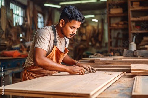 Young indian male wood worker working in his store.