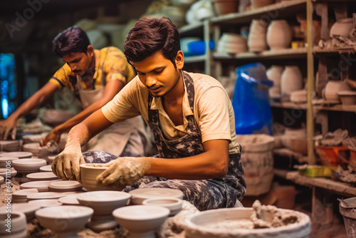 Young indian male ceramists working in their store or workshop.