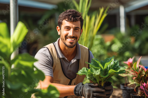 Young caucasian male landscaper doing his job. Young man gardener working in greenhouse. photo