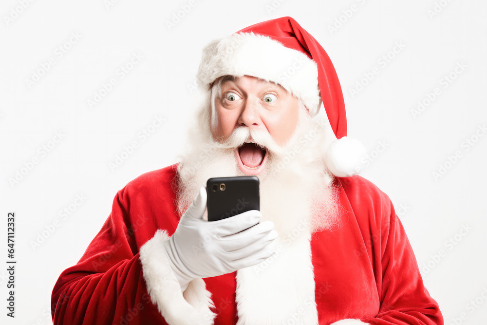Santa checking the lists of gifts to deliver and surprised by a mobile message. Santa Claus on a white background. Santa checking the lists of gifts to deliver and surprised by a mobile message. Santa Claus on a white background.