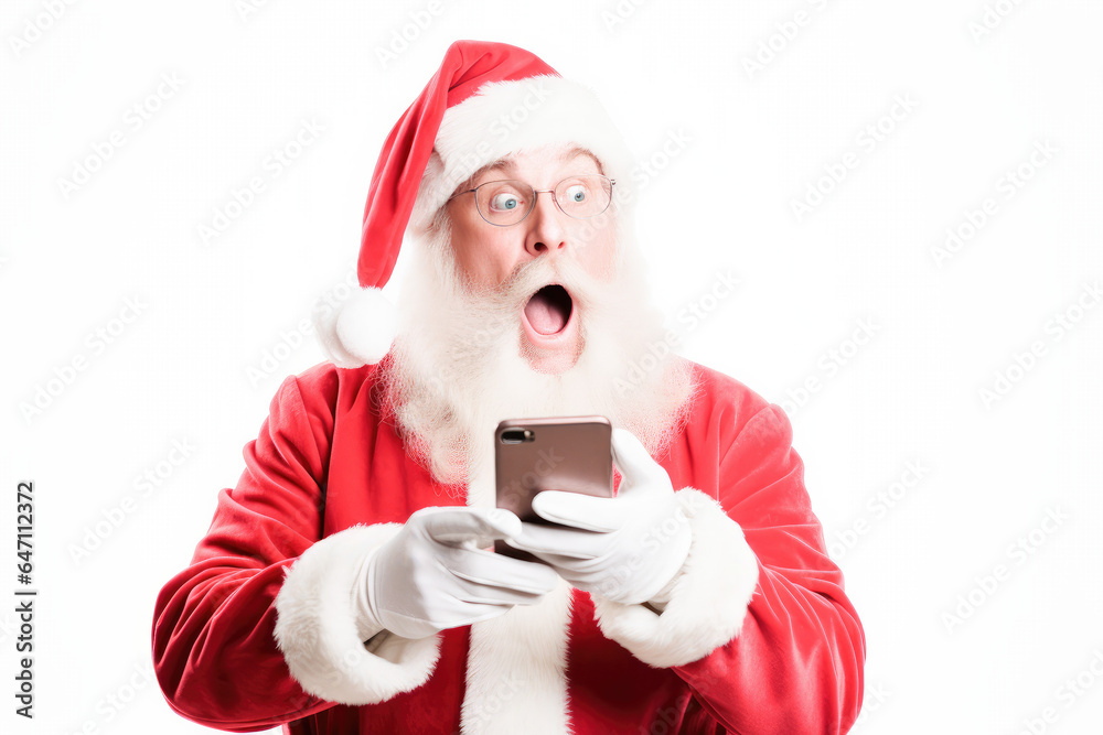 Santa checking the lists of gifts to deliver and surprised by a mobile message. Santa Claus on a white background. Santa checking the lists of gifts to deliver and surprised by a mobile message. Santa Claus on a white background.