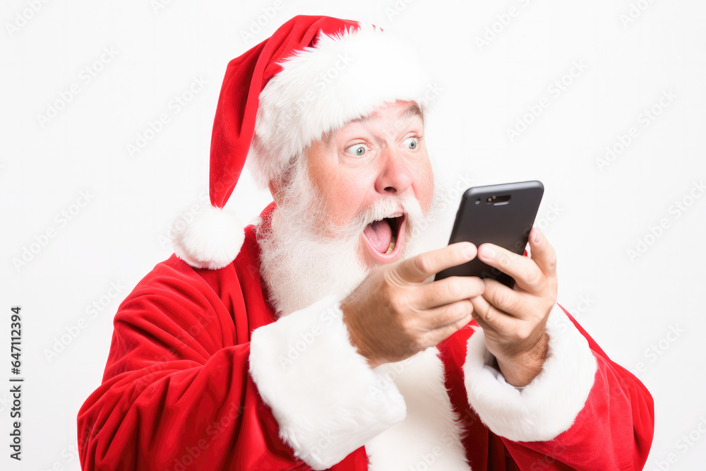 Santa checking the lists of gifts to deliver and surprised by a mobile message. Santa Claus on a white background. Santa checking the lists of gifts to deliver and surprised by a mobile message. Santa Claus on a white background.