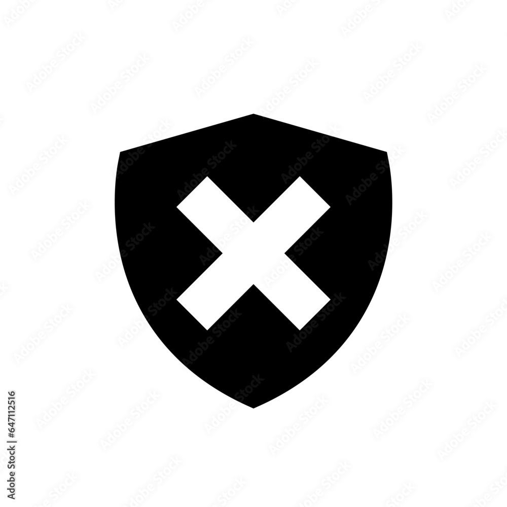 Obraz premium Shield with cross mark icon vector in flat style. Protection sign symbol