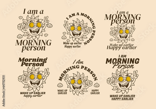 I am morning person, mascot character design of a sun wearing sunglasses with happy expression