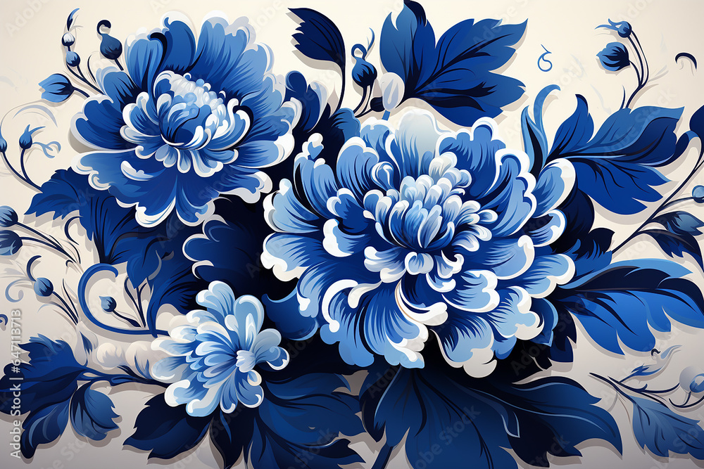 Generative AI - Floral design illustration in Russian folk style similar to Gzhel white and blue shadows