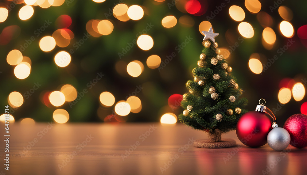 Christmas decorations on the right, background with sparkling bokeh