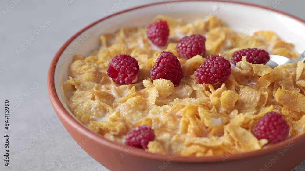 Eating cornflakes breakfast with a spoon. Healthy food concept. Eating cornflakes breakfast with a spoon. Healthy food concept.