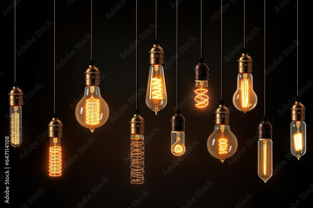 Decorative antique Edison style light bulbs, different shapes of retro lamps on dark background. Cafe or restaurant decoration details. Generative AI - obrazy, fototapety, plakaty 