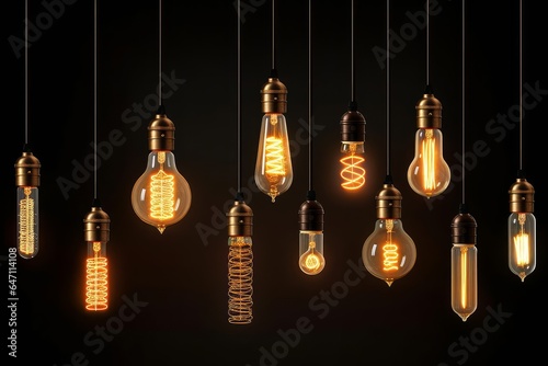 Decorative antique Edison style light bulbs, different shapes of retro lamps on dark background. Cafe or restaurant decoration details. Generative AI photo