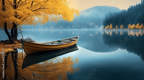 boat on the lake and yellow tree 