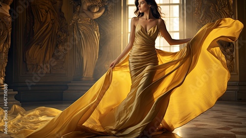 Model entwined in gold silk fabric, highlighting luxury against a royal backdrop.