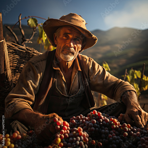 Farmer and the autumn grape harvest, Generative AI photo