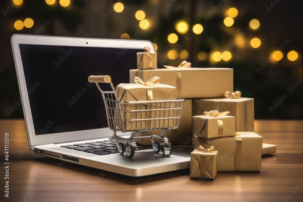 ecommerce business with a cart of packages sitting on a laptop