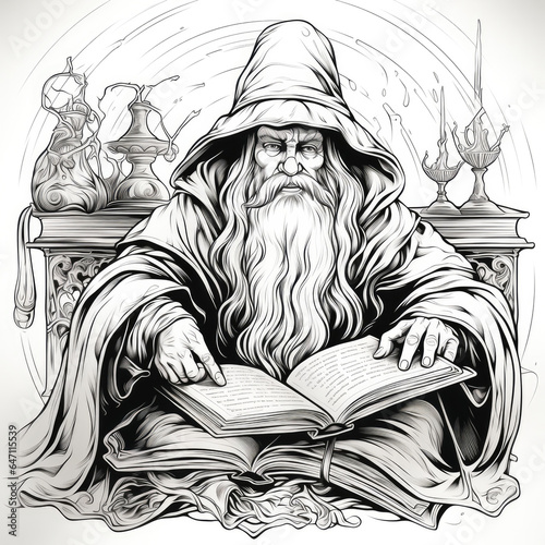 A coloring page for children: a wizard in a hat with a magical book, Generative AI