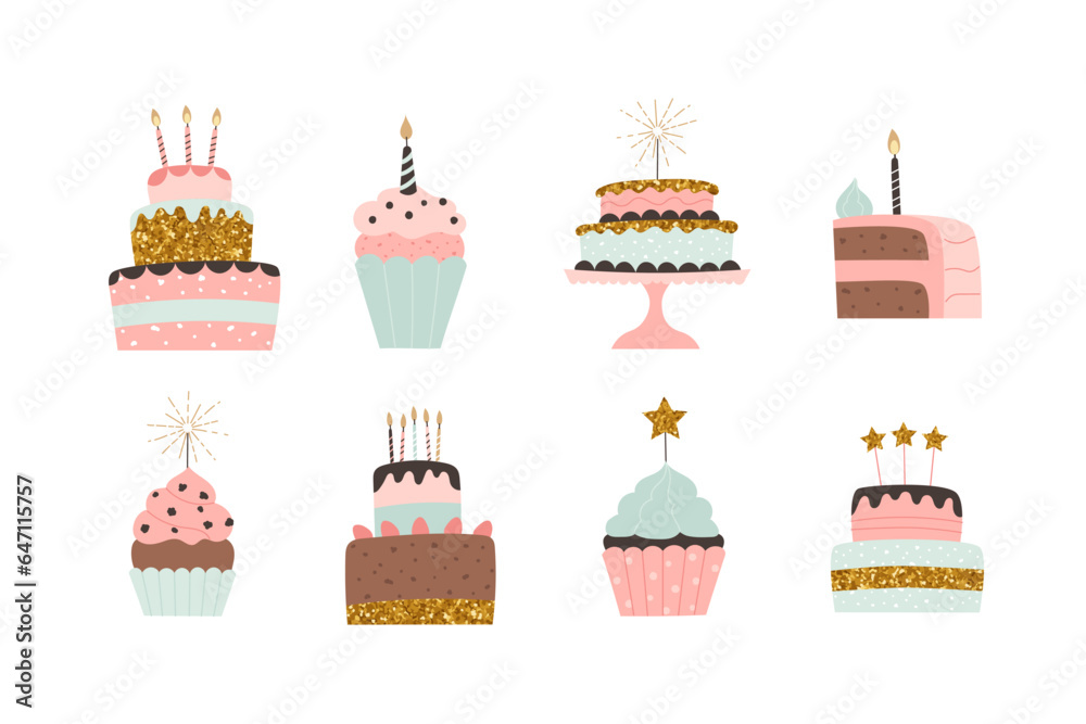Naklejka premium Happy birthday cakes vector collection. Festive deserts in flat cartoon style. Cakes and cupcakes with cream and candles.