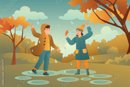 Autumn background rainy day background in a cartoon style. Friends went out on a rainy autumn day for a walk to jump over puddles and have fun. Vector illustration.