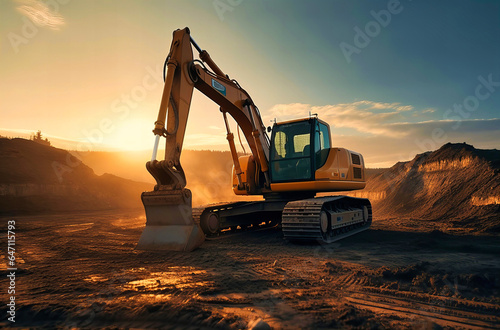 A Golden Excavator at Work in the Dirt at Sunset