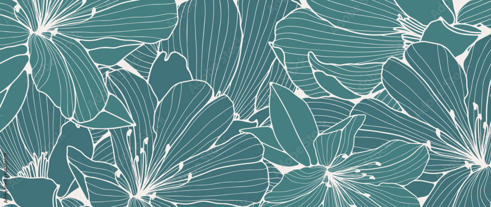 Turquoise floral background with a white outline of delicate flowers. Background for decor, wallpaper, covers, cards, presentations and posts on social networks.