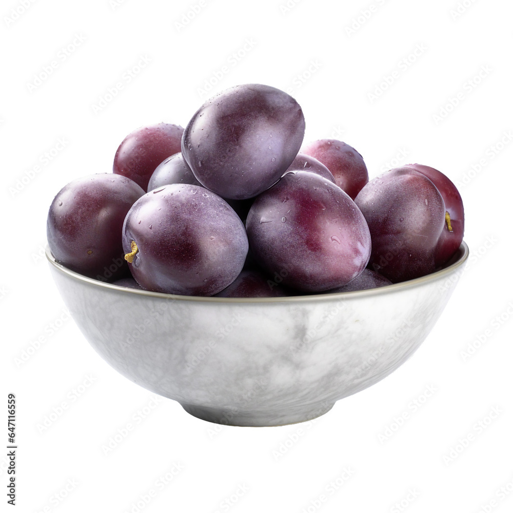 a bowl full of plums photograph. isolated transparent background
