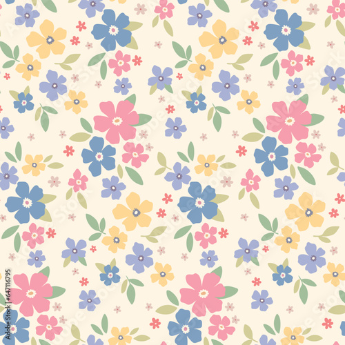 Seamless floral pattern, liberty ditsy print with spring motif. Cute botanical design in pastel colors: small hand drawn flowers, tiny leaves scattered on a white background. Vector illustration.