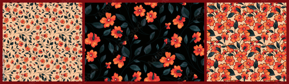 Seamless floral pattern, romantic flower print with blooming branches in collection. Botanical design with vintage motif: small hand drawn red flowers, leaves, branches, different backgrounds. Vector.