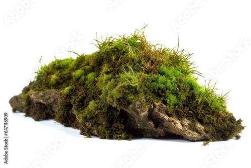 Close-up of vibrant green moss and lichen textures isolated on white background decorating a natural and beautiful forest environment. photo