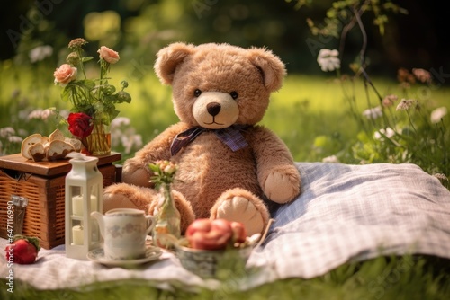 Cute brown teddy bear sitting in a meadow during a beautiful summer day, beloved childhood friend. © Iryna