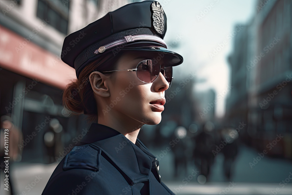 A young and attractive policewoman wears a police uniform with a cap and looks stylish in her profession. A young and attractive policewoman wears a police uniform with a cap and looks stylish in her profession.
