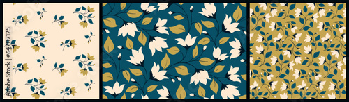 Seamless floral pattern, abstract ditsy print of small branches in the collection. Simple botanical design with vintage motif: hand drawn tiny twigs with flowers, leaves, different backgrounds. Vector