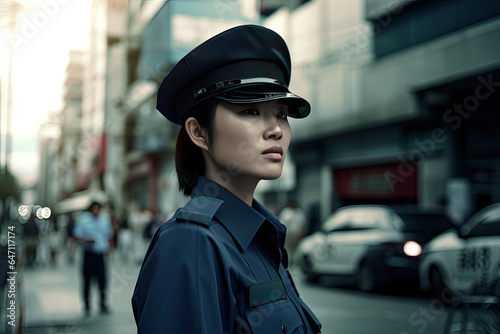 A confident policewoman who patrols the city streets with authority and grace, providing security and law enforcement.