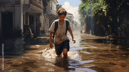 Little boy walking on the street after flood in North Africa