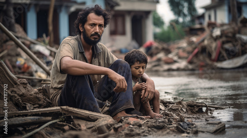 Fotografia A father and son sitting on the ruins of their house after flood caused by heavy rains in North Africa