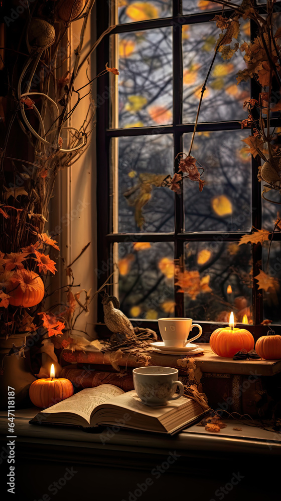 books, a cup of tea and pumpkins on a windowsill books, a cup of tea and pumpkins on a windowsill