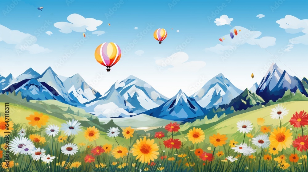 landscape with flowers and hot air ballones