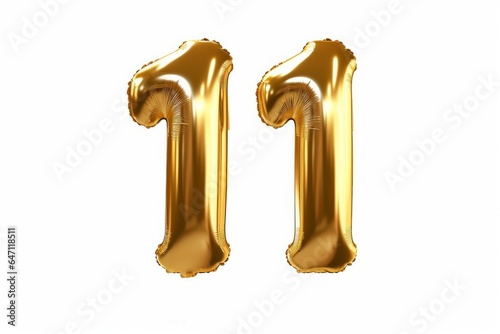 Number 11 eleven made of golden inflatable balloons isolated on white. Helium balloons, gold foil numbers. Party decoration, anniversary sign for holidays, celebration, birthday, Generative AI