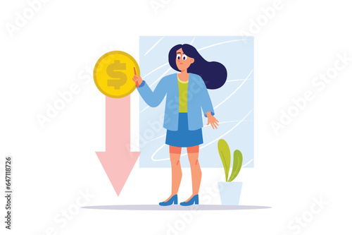 Business downturn concept with people scene in the flat cartoon design. Woman follows the statistics of the development of business affairs and the forecast is disappointing. Vector illustration.