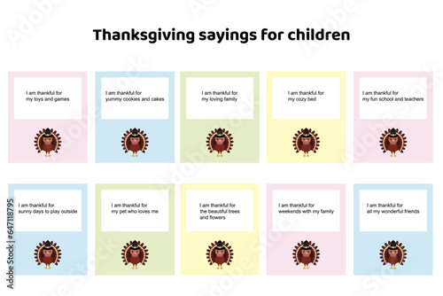 Thanksgiving sayings for kids. Positive quotes for children on Thanksgiving. Affirmations for kids.  Thanksgiving affirmation cards. Vector illustration.