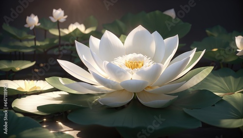 "Luminous Elegance: White Lotus in Radiant Darkness"